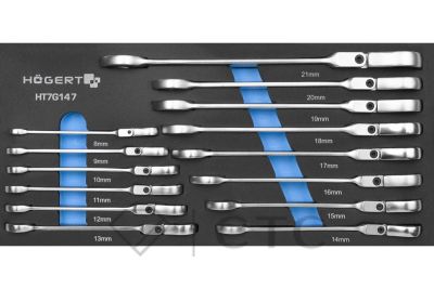HOEGERT Набор рожково-накидных ключей с трещоткой и шарниром 14шт. HT1R048-HT1R061, ложементы EVA
