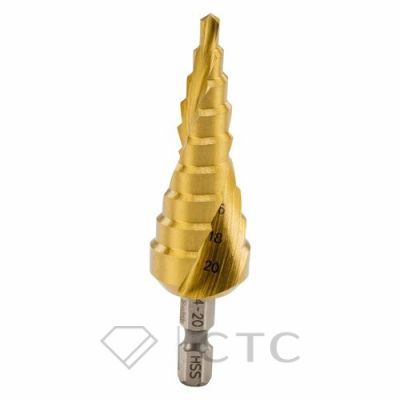 Сверло ступенчатое HSS TiN с спиральным желобком, 4-20x75, 1/4