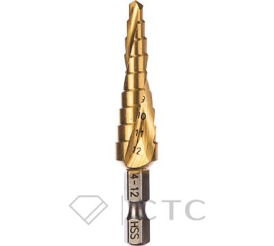 Сверло ступенчатое HSS-TiN с спиральным желобком, 4-12x65, 1/4